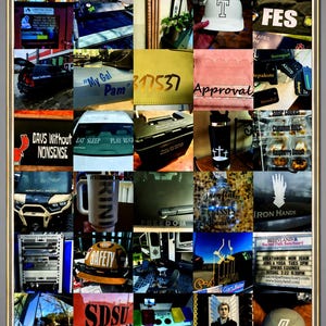 May include: A collage of various custom vinyl decals, stickers, and labels featuring diverse text, logos, and graphics applied to vehicles, containers, signs, and personal items, showcasing a wide range of personalized branding and decorative designs.
