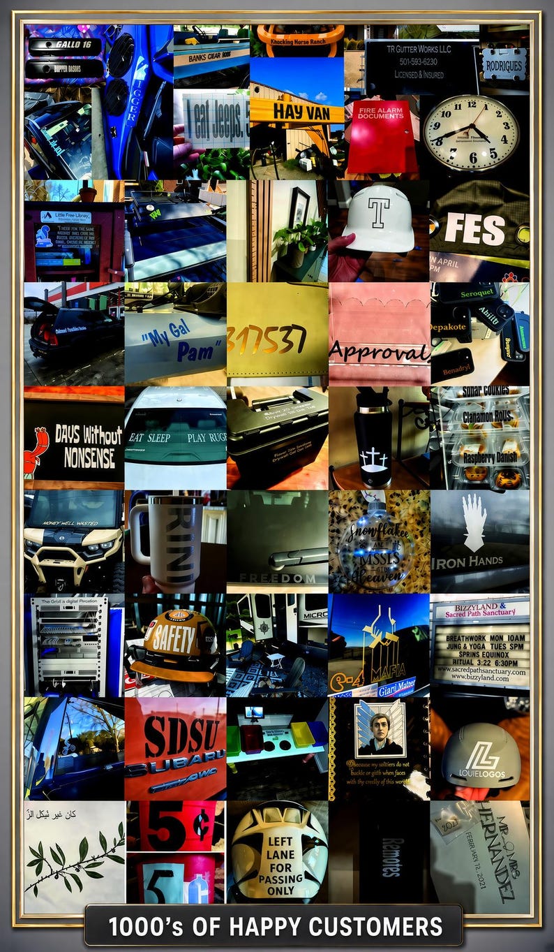 May include: A collage of various custom vinyl decals, stickers, and labels featuring diverse text, logos, and graphics applied to vehicles, containers, signs, and personal items, showcasing a wide range of personalized branding and decorative designs.