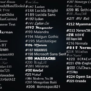 May include: A black background displays a list of white text font names numbered 166 through 225, including Informal Roman, GoudyHandTooled, Ink Free, IowanOldst, ItalianGarmnd, Javanese Text, Jokerman, Juice, Kaufmann, Kis BT, Kristen, Kuenst480, and Kuenstler165.