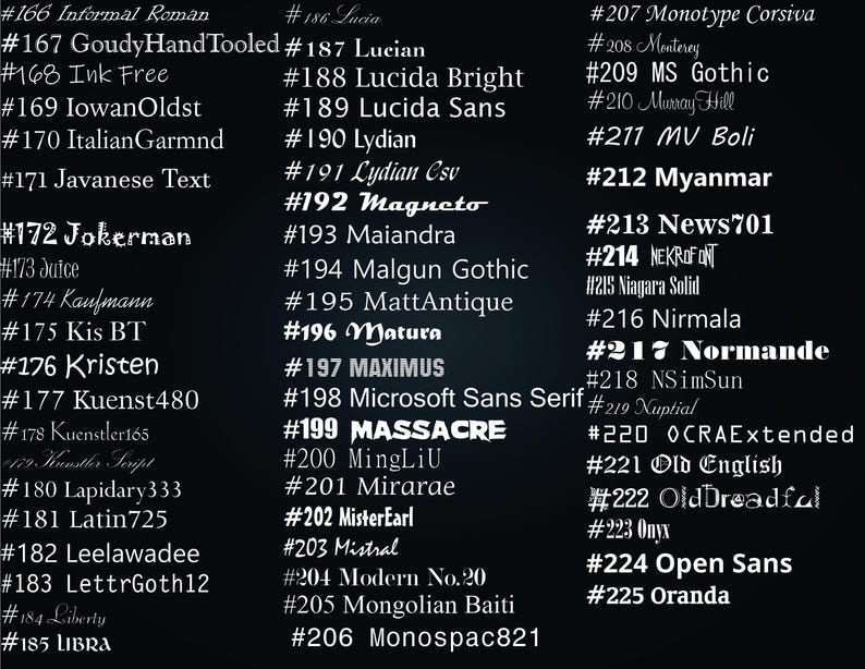 May include: A black background displays a list of white text font names numbered 166 through 225, including Informal Roman, GoudyHandTooled, Ink Free, IowanOldst, ItalianGarmnd, Javanese Text, Jokerman, Juice, Kaufmann, Kis BT, Kristen, Kuenst480, and Kuenstler165.