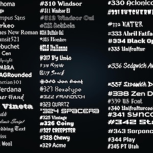 May include: A black background displays a list of numbered font styles in white text, ranging from #290 Tahoma to #345 PT Utah. The list is organized in three columns, showcasing various typography designs including serif, sans-serif, and decorative styles.