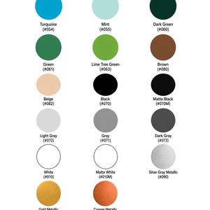 May include: A color chart titled Available Colors - Page 2 displaying fifteen circular swatches of Oracal 651 vinyl. Colors include turquoise, mint, dark green, green, lime tree green, brown, beige, black, matte black, light gray, gray, dark gray, white, matte white, silver gray metallic, gold metallic, and copper metallic with corresponding codes.