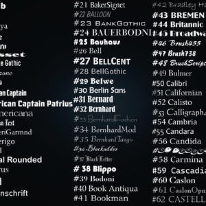 May include: A black background featuring a white list of sixty-two numbered font styles, ranging from Adlib to Casteller. Each entry displays the font name in its corresponding typeface, organized in three columns with white text on a dark background.