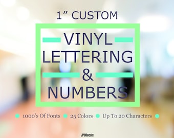 May include: Custom vinyl lettering and numbers, 1 inch in size. The design includes the text "VINYL LETTERING & NUMBERS" within a green square. Features include 1000's of fonts, 25 colors, and up to 20 characters.