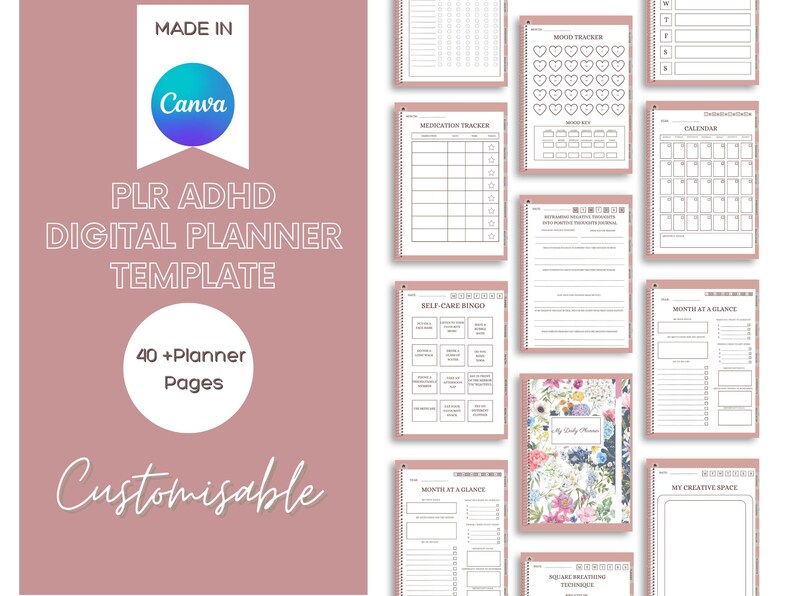 PLR ADHD Digital Planner to Resell Undated Hyperlinked Etsy