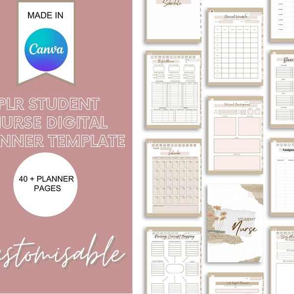 PLR Student Nurse Digital Planner to resell, Undated Hyperlinked Digital Template, Editable Canva Planner Template, Planner to resell