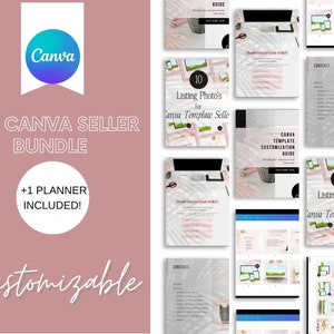 May include: A pink and white graphic with the text "PLR CANVA SELLER BUNDLE" and "+1 PLANNER INCLUDED!" in white text. The graphic also includes the Canva logo and the word "Customizable" in a cursive font.