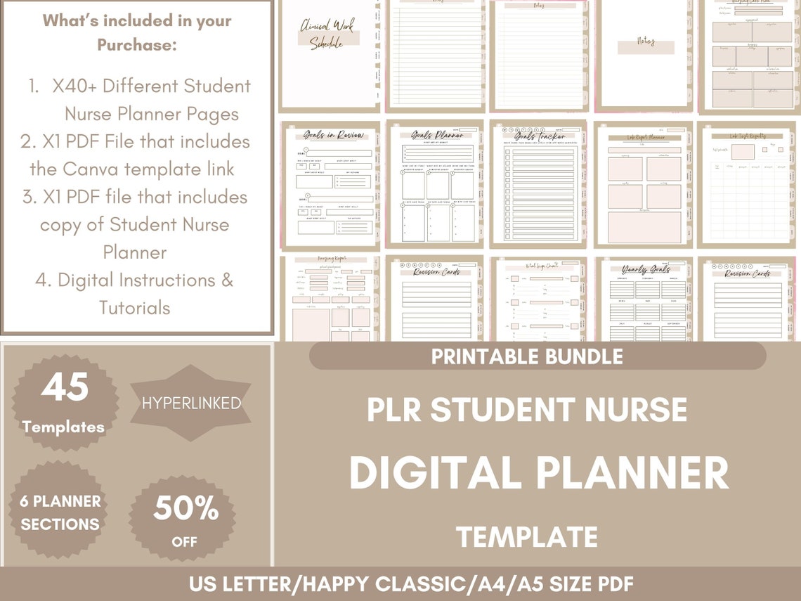 PLR Student Nurse Digital Planner to Resell, Undated Hyperlinked Digital Template, Editable