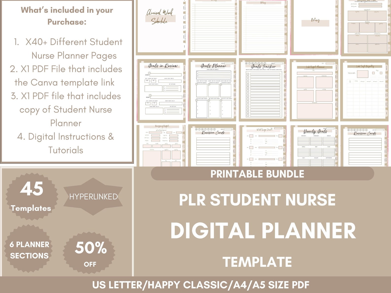 PLR Student Nurse Digital Planner to Resell, Undated Hyperlinked