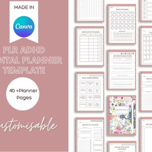 May include: A digital planner template for people with ADHD. The template includes 40+ pages with various sections, such as a mood tracker, medication tracker, calendar, self-care bingo, month at a glance, and creative space. The template is customizable and features a floral design.