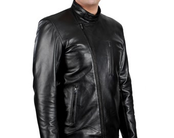 Slim Leather Sport Jacket, Asymmetrical Leather Coat, Mens Leather Racing Jacket, Leather Zip-Up Jacket, Leather Rider Coat, Motorcycle Coat