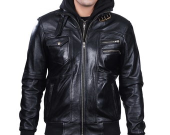 Hooded Leather Sport Jacket, Leather Racing Jacket, Black Lamb Leather Zip-Up Jacket, Men’s Leather Rider Coat, Black Men’s Motorcycle Coat