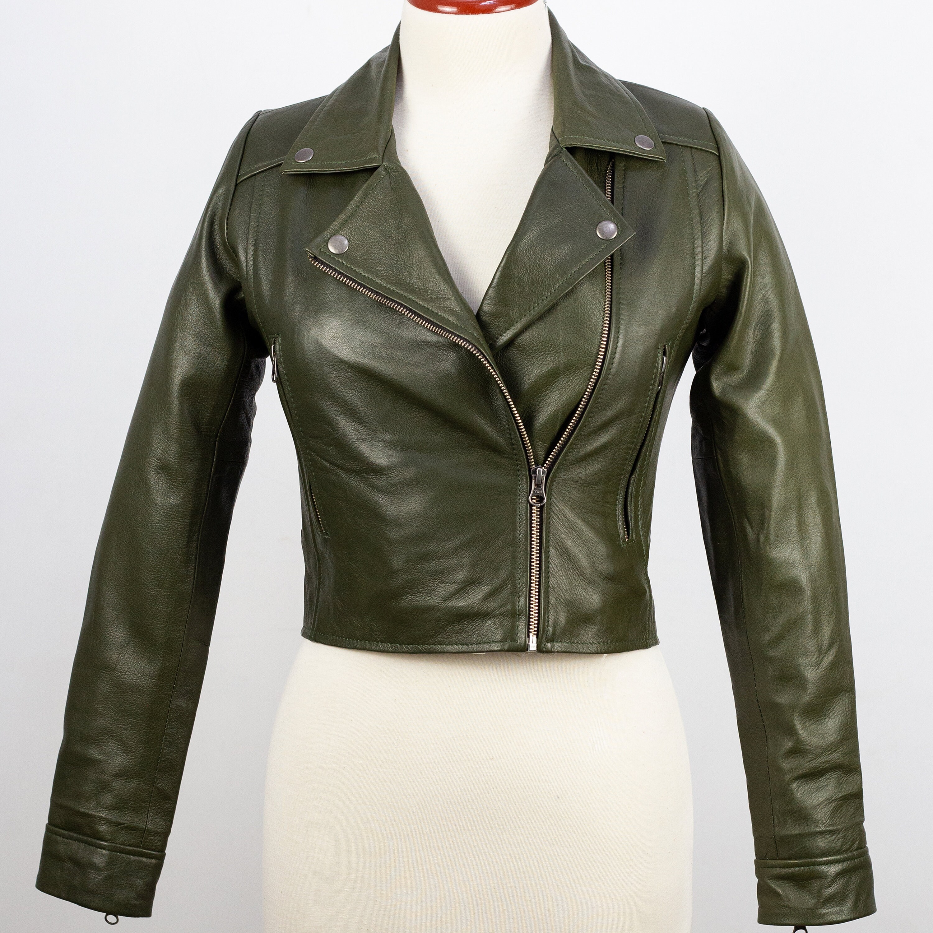 Green Crop Top Leather Jacket, Green Biker Jacket, Motorcycle Jacket, Leather Outerwear, Cropped