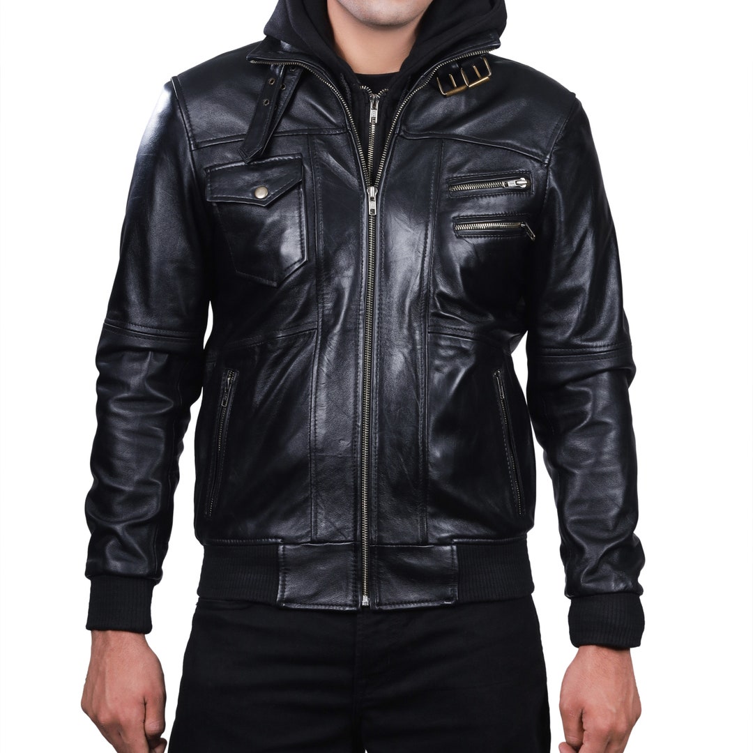 Hooded Leather Sport Jacket, Leather Racing Jacket, Black Lamb Leather