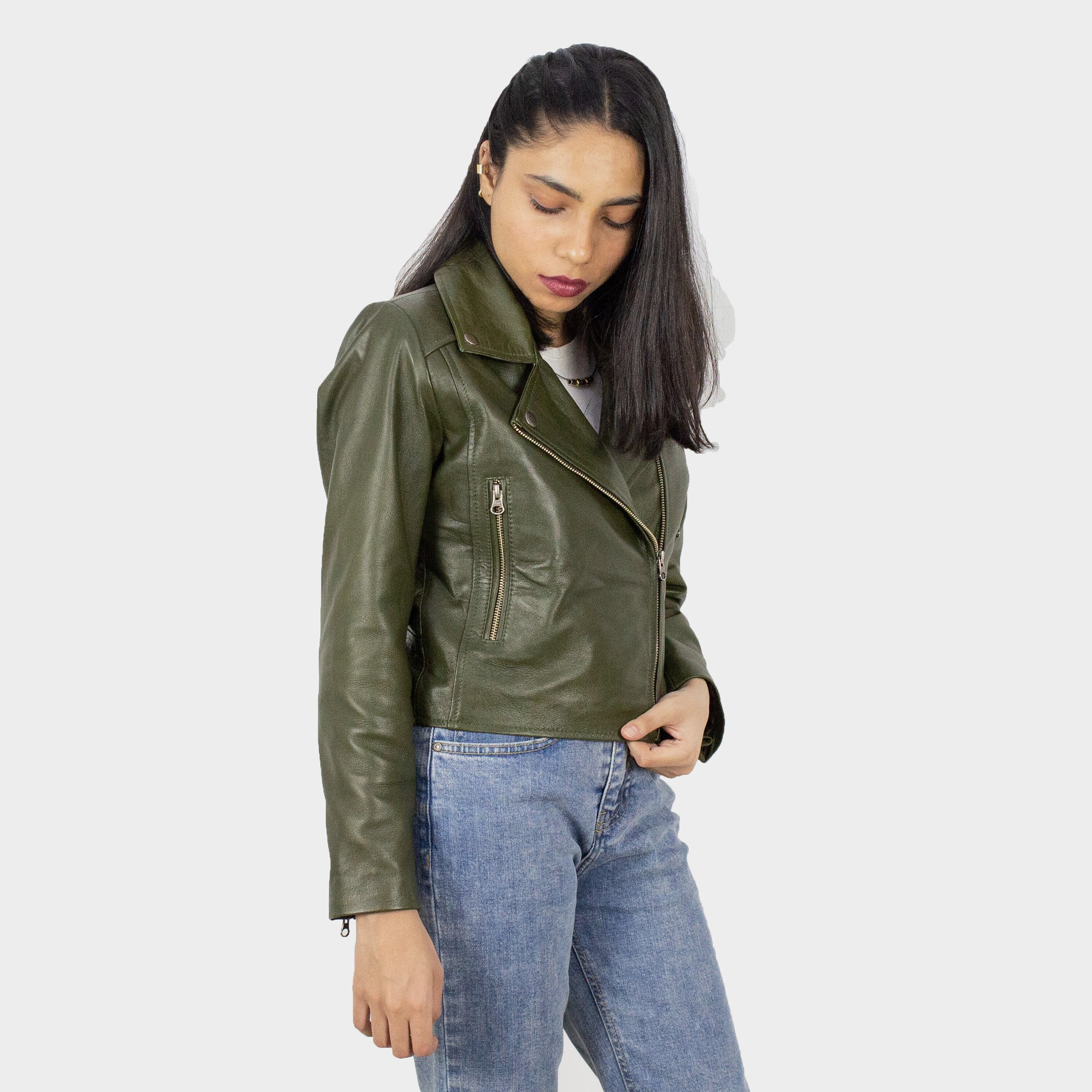 Green Crop Top Leather Jacket, Green Biker Jacket, Motorcycle Jacket, Leather Outerwear, Cropped