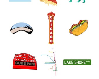 Könnte beinhalten: Eine bunte Illustration von Wahrzeichen Chicagos, darunter die Chicagoer Flagge, eine Deep-Dish-Pizza, die Bean, ein Hotdog, das Wrigley Field, der U-Bahn-Plan von Chicago und die Skyline von Chicago.