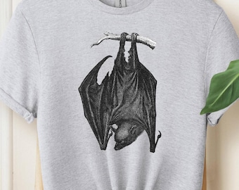 Hand-Drawn Bat T-Shirt: Gothic Nature Inspired Top, Bat Hanging from Branch Tee