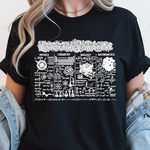 May include: Black t-shirt with white graphic of scientific formulas and the text "ESSENTIAL FORMULAE". The graphic includes physics, chemistry, biology, and mathematics diagrams. The shirt is a crew neck style.