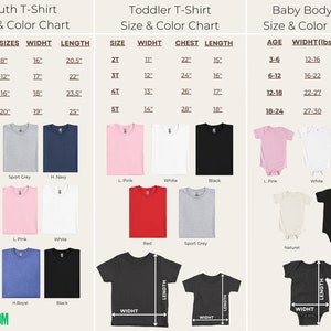 May include: Size chart for youth, toddler, and baby t-shirts and bodysuits. The chart shows sizes, fits, width, length, chest, age, and weight in pounds. The chart also shows different color options for each size.