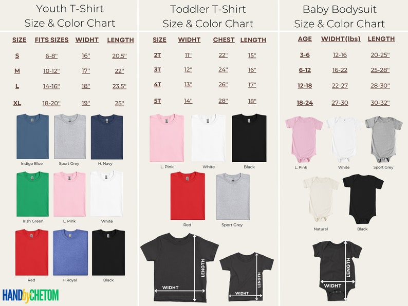 May include: Size chart for youth, toddler, and baby t-shirts and bodysuits. The chart shows sizes, fits, width, length, chest, age, and weight in pounds. The chart also shows different color options for each size.