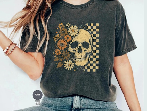 Comfort Colors Vintage Skull Tee Boho: Floral Skeleton Halloween Shirt, Retro Checkerboard Skull Graphic