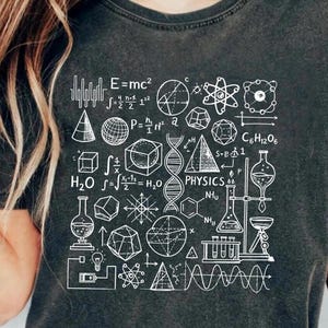May include: Dark gray t-shirt with a white graphic of physics equations, formulas, and diagrams. The word "PHYSICS" is also included in the design. The shirt features scientific symbols and geometric shapes.