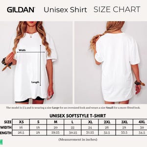 May include: Unisex t-shirt size chart with measurements in inches for XS, S, M, L, XL, 2XL, 3XL, and 4XL. The chart shows the width and length of each size.