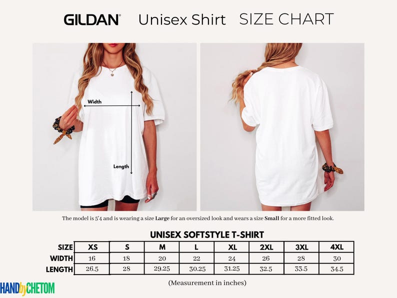May include: Unisex t-shirt size chart with measurements in inches for XS, S, M, L, XL, 2XL, 3XL, and 4XL. The chart shows the width and length of each size.