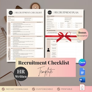 May include: A printable recruitment checklist template in a light brown and beige colour scheme with the text "Recruitment Checklist" in a large, bold font. The template includes sections for planning for success, shaping the role, creating an irresistible job advert, and vacancy snapshot. The template is customisable and printable.