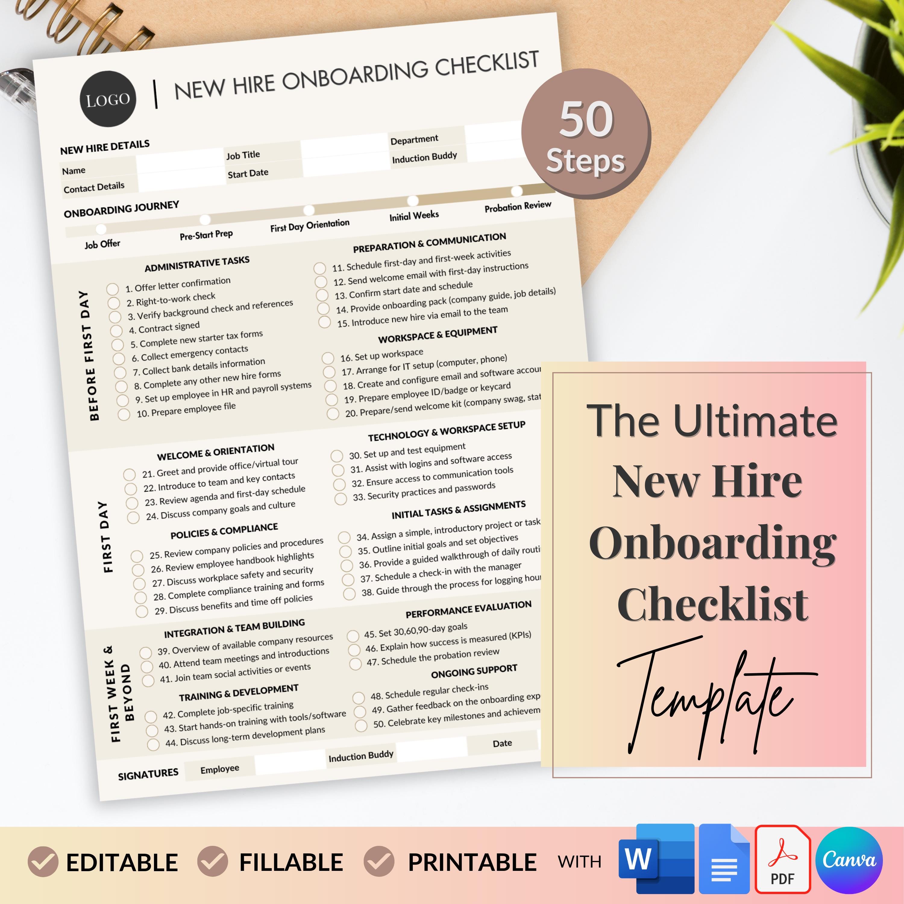 Ultimate New Hire Onboarding Checklist Customizable HR Template 50 Steps Employee Orientation Welcome New Staff Before First Day Probation