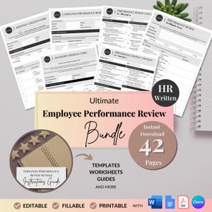 Puede incluir: Un paquete de productos digitales para la evaluación del desempeño de los empleados. El paquete incluye 42 páginas de plantillas, hojas de trabajo y guías. El paquete es editable, rellenable e imprimible. La imagen también incluye el texto "Ultimate Employee Performance Review Bundle" y "Descarga instantánea 42 páginas".