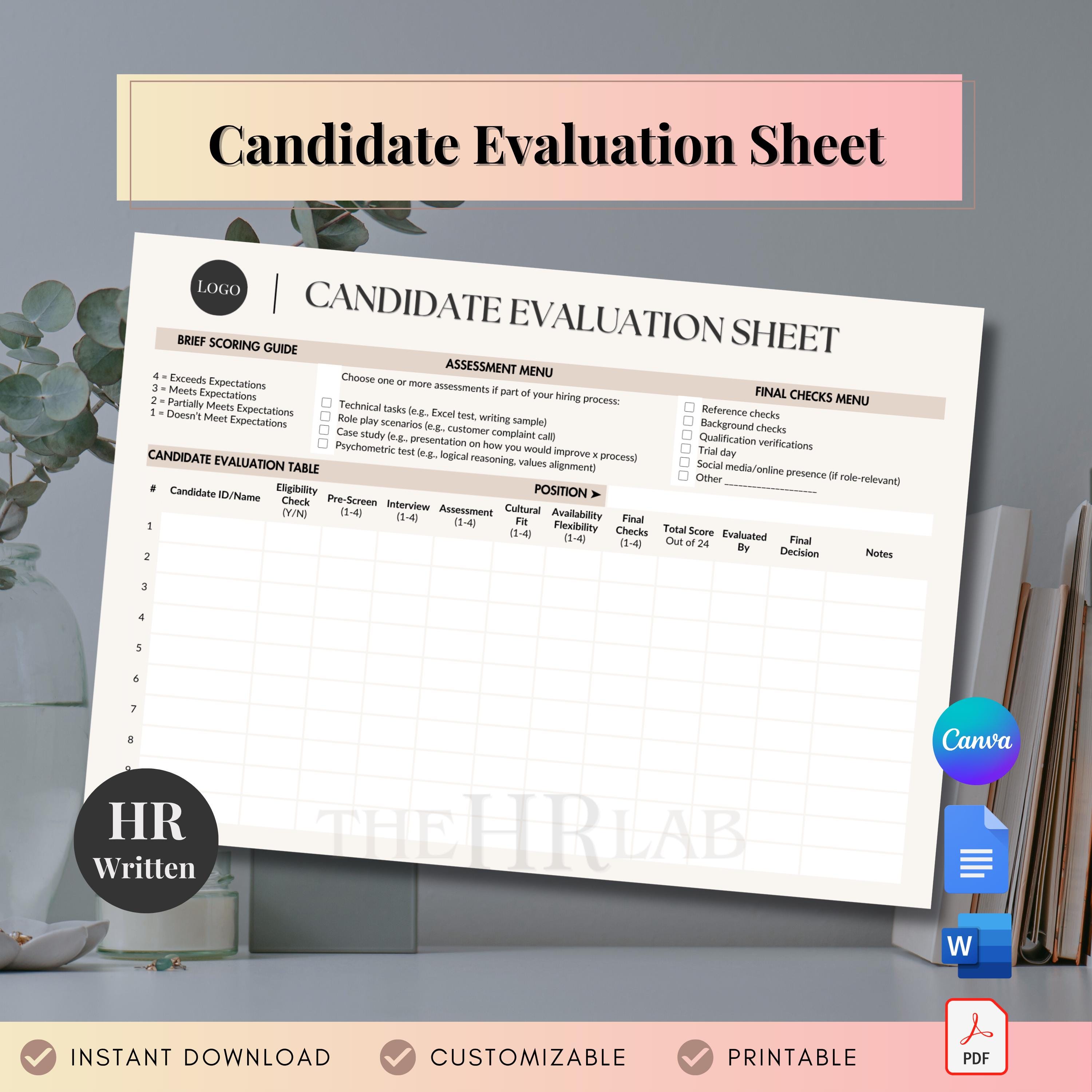 Candidate Evaluation Sheet: Customizable Interview Assessment Template ...