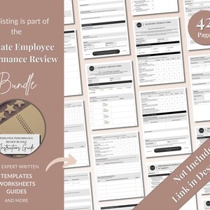 May include: A bundle of 42 printable pages for employee performance reviews. The bundle includes templates, worksheets, and guides. The text "Ultimate Employee Performance Review Bundle" is featured on the image.