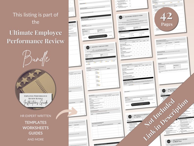 May include: A bundle of 42 printable pages for employee performance reviews. The bundle includes templates, worksheets, and guides. The text "Ultimate Employee Performance Review Bundle" is featured on the image.