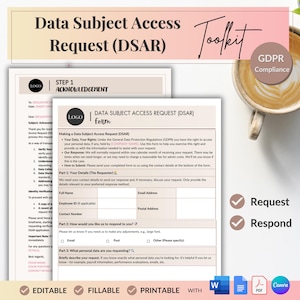 Könnte beinhalten: Ein druckbares Formular für eine Anfrage zum Recht auf Auskunft (DSAR) zur Einhaltung der DSGVO. Das Formular enthält Abschnitte für die Angaben des Anfragenden, Kontaktinformationen und eine Beschreibung der angeforderten personenbezogenen Daten. Das Formular ist so konzipiert, dass es elektronisch ausgefüllt und eingereicht werden kann.