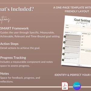 May include: A printable goal-setting worksheet with a brown and white color scheme. The worksheet includes sections for SMART goal setting, action steps, progress tracking, and notes. The text "Make it SMART" is written in black on a white background.