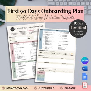 First 90 Days Onboarding Plan Editable 30-60-90 Day Milestone Tracker Goal Setting KPIs HR Template for New Starters With Pre-Filled Example