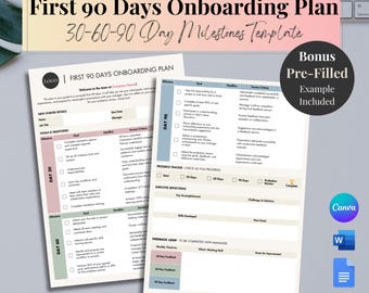 First 90 Days Onboarding Plan Editable 30-60-90 Day Milestone Tracker Goal Setting KPIs HR Template for New Starters With Pre-Filled Example