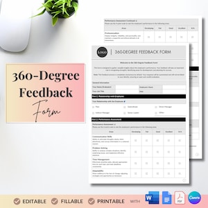 May include: A 360-degree feedback form with a black and white design. The form is titled "360-Degree Feedback Form" and includes sections for general information, relationship with the employee, and performance assessment. The form is designed to gather valuable insights about an employee's performance.