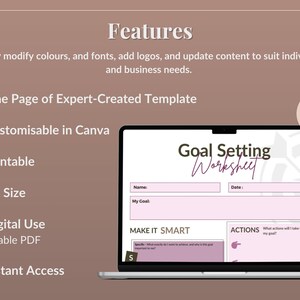 May include: A pink and white digital goal setting worksheet template with the text "Goal Setting Worksheet" on a laptop screen. The template is customizable in Canva and includes a section for setting SMART goals and actions to take. The image also includes icons for Canva and PDF.