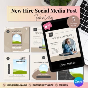 Puede incluir: Cinco plantillas de publicación en redes sociales para anunciar una nueva contratación. Cada plantilla presenta un diseño diferente con un fondo de paisaje, un mensaje de bienvenida y espacio para el nombre del empleado, su puesto y un dato curioso. Las plantillas son personalizables e incluyen el texto "Nuevo miembro del equipo" y "Bienvenido a nuestro equipo".
