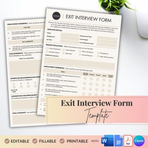 May include: A printable exit interview form template with sections for employee details, reason for leaving, workplace recommendation index, suggestions for improvement, and final thoughts. The form is designed to help businesses gather feedback from departing employees.