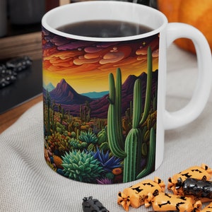 Desert Sunrise Mug- Desert Art Mug- Saguaros Coffee Cup- Desert Lover Mug- Colorful Desert Cactus Mug- Desert Adventure Mug- Desert Tea Cup