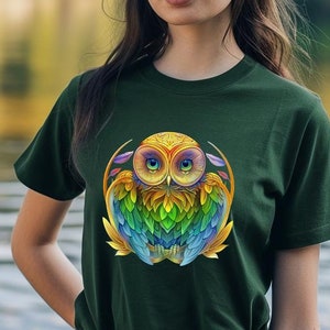 Colorful Owl Shirt- Owl Graphic Tee- Owl T-Shirt- Nature Lover Gift- Artistic Owl Tee- Rainbow Owl Design- Owl Lover Gift-  Fantasy Owl Tee