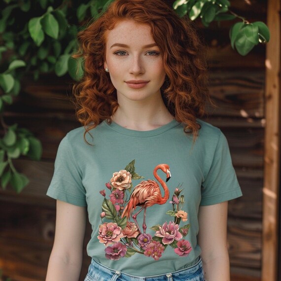 Flamingo Graphic Tee- Pink Flamingo Shirt- Floral Summer Shirt- Artful Flamingo Tee- Flamingo Lovers Gift- Cottagecore Shirt- Aesthetic Tee