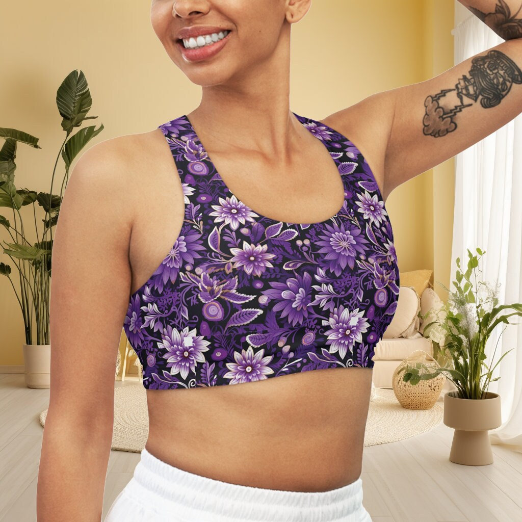 Womens Floral Padded Sports Bra With Tropical Hawaiian Flowers / Hawaii  Hibiscus Pattern Perfect for Yoga, Pilates, Surfing and the Gym 