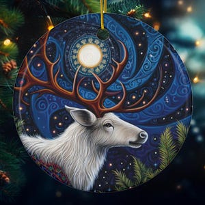 Ornamento di Natale, Ornamento di renna, Natale mistico, Decorazione magica dell&#39;albero, Regalo di Natale unico, Ornamento celeste, Luna e stelle