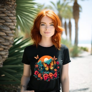 Butterflies And Flowers Shirt, Vapor Wave Shirt, Frutiger Aero Shirt, Frutiger Metro Shirt, Vector Metro, Womans T-Shirt, 1990&#39;s Retro