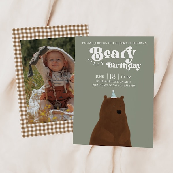 Beary First Birthday Invitation, Bear 1st Birthday Invite, Someone Beary Sweet, Bear Party Hat, Woodland Birthday, Editable, Template