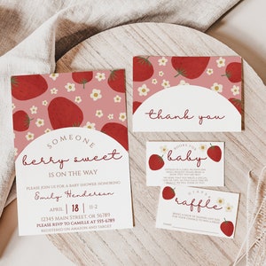 Berry Sweet Baby Shower Invitation Template, Strawberry Baby Shower Invite Set, Berry Sweet Baby on the Way, Girl Baby, Editable, Printable